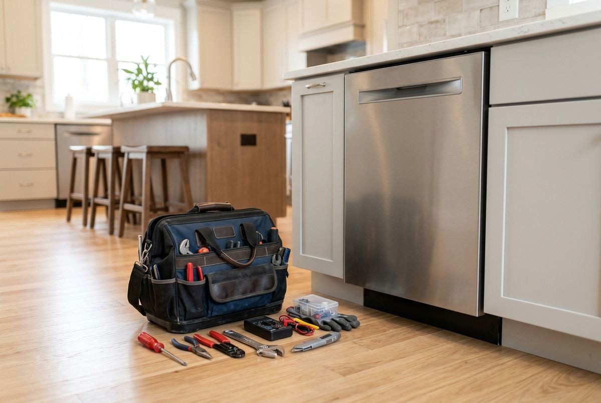 Appliance repair technician at work